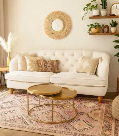 Modern tufted couch in off-white velvet with button-tufted back and solid mango wood legs