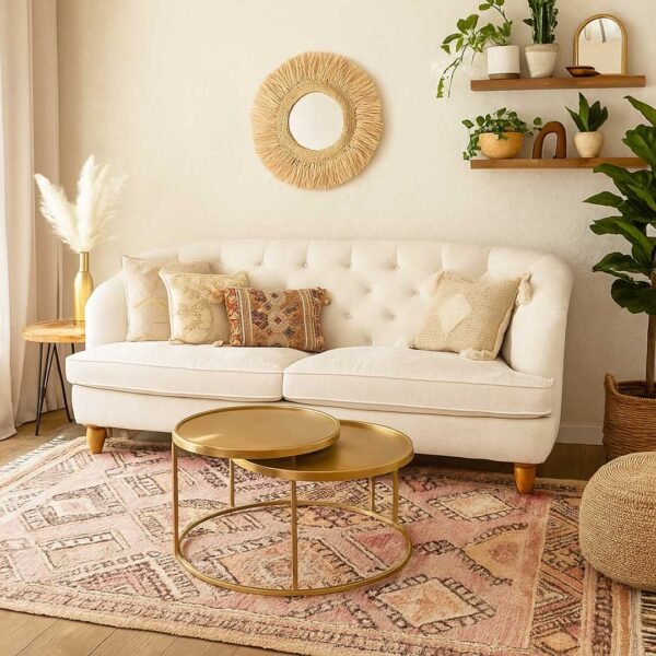 Modern tufted couch in off-white velvet with button-tufted back and solid mango wood legs