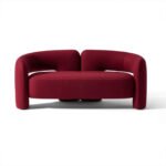Crimson Handcrafted Mango Wood 3-Seater Sofa - Modern Rounded Velvet Couch- Wooden Slice - Image 2