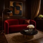 Modern accent sofa in mango wood with rounded red velvet upholstery