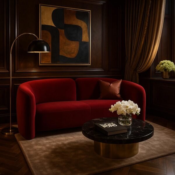 Modern accent sofa in mango wood with rounded red velvet upholstery