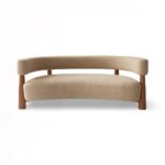 Modern 3 seater sofa in Sheesham wood with curved bouclé upholstery