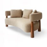Modern 3 seater sofa in Sheesham wood with curved bouclé upholstery