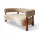 Modern 3 seater sofa in Sheesham wood with curved bouclé upholstery