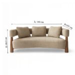 Modern 3 seater sofa in Sheesham wood with curved bouclé upholstery
