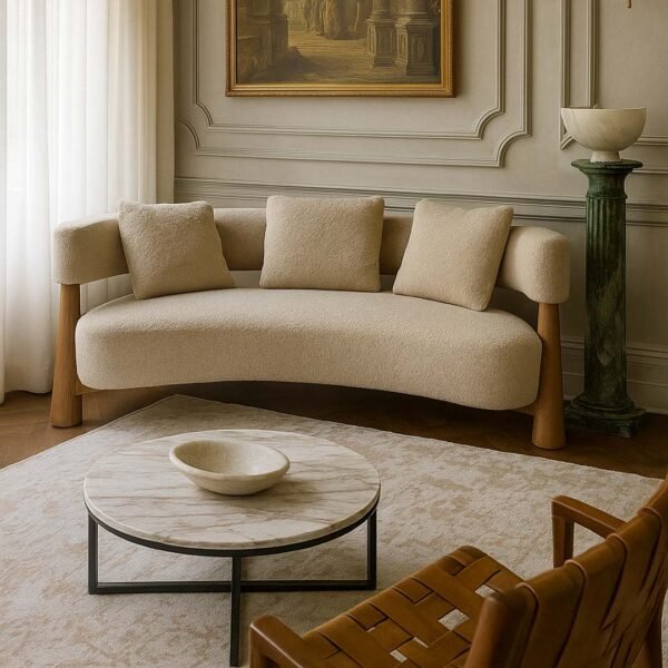 Modern 3 seater sofa in Sheesham wood with curved bouclé upholstery