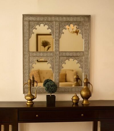 Ornello solid wood jharokha mirror with handcarved Sheesham frame
