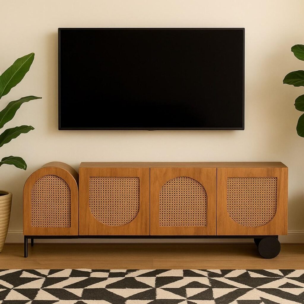 Vistaar sheesham wood rattan TV unit with asymmetrical cabinet doors and black metal accents by Wooden Slice