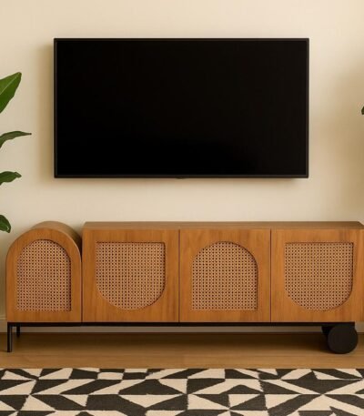 Vistaar mango wood rattan TV unit with asymmetrical cabinet doors and black metal accents by Wooden Slice