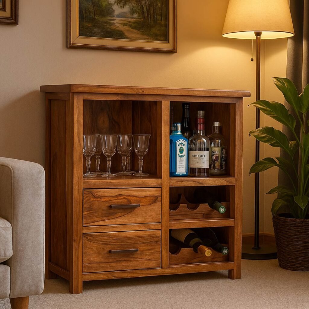 Sheesham wood bar cabinet with wine rack and lockable storage