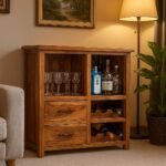 Sheesham wood bar cabinet with wine rack and lockable storage