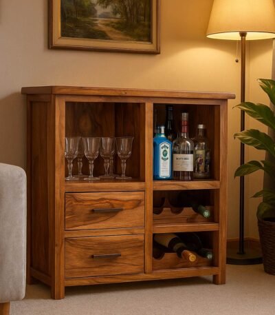 Sheesham wood bar cabinet with wine rack and lockable storage