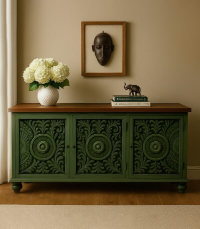 Distressed green mango wood console table with intricate hand-carved floral motifs and brown wooden top.
