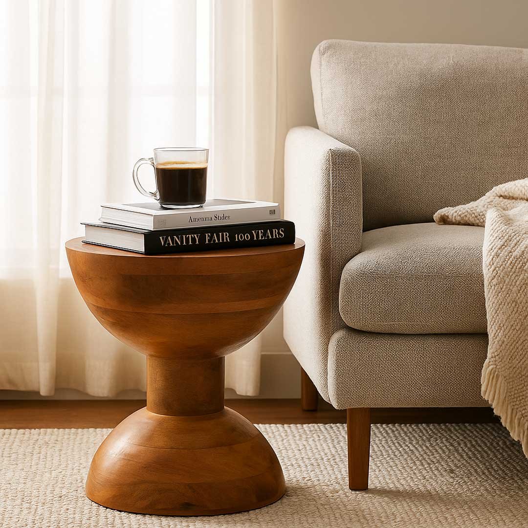 Timbra Round Solid Wood Side Table – Wooden Slice Handcrafted round solid wood side table with natural finish and sculptural hourglass base.