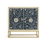 Handcrafted sheesham wood bone inlay bar unit with floral motifs and golden base