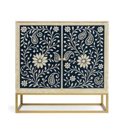 Handcrafted sheesham wood bone inlay bar unit with floral motifs and golden base