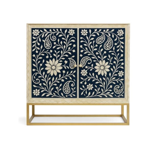 Handcrafted sheesham wood bone inlay bar unit with floral motifs and golden base