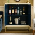 Handcrafted sheesham wood bone inlay bar unit with floral motifs and golden base