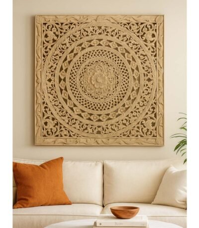 Spiral Bloom wood carved floral wall decor handcrafted from Sheesham wood