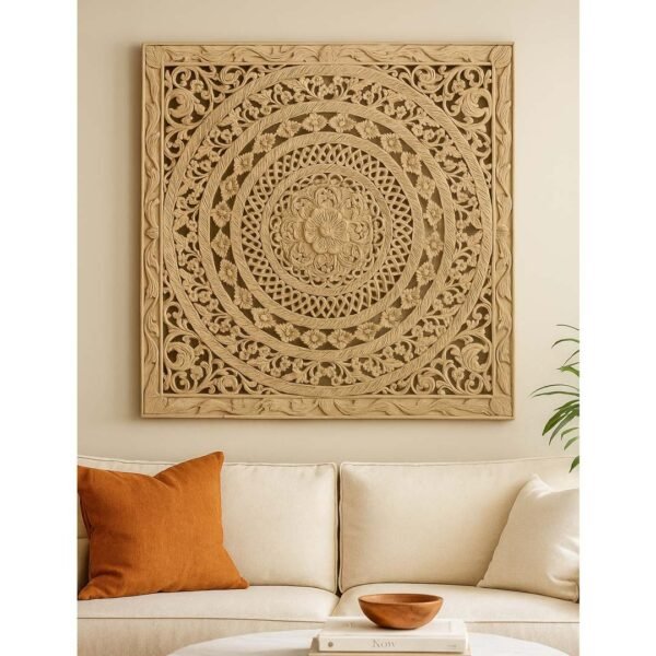 Spiral Bloom wood carved floral wall decor handcrafted from Sheesham wood