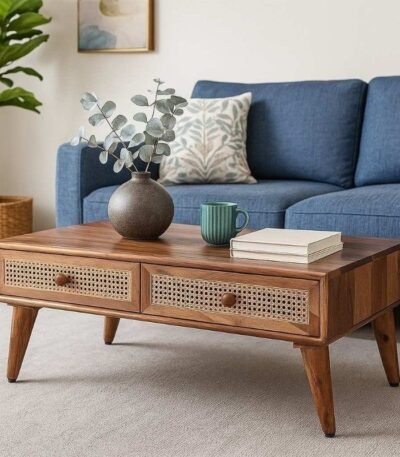 Handcrafted Sheesham wood and cane coffee table with natural finish, two storage drawers, and modern tapered legs in a cozy living room setup.