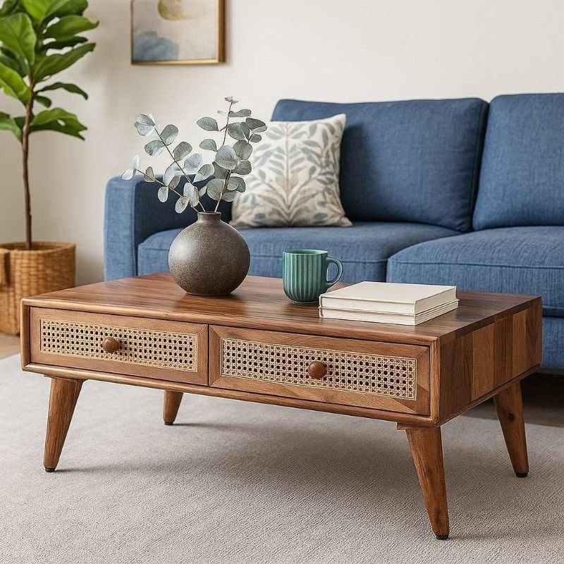 Handcrafted Sheesham wood and cane coffee table with natural finish, two storage drawers, and modern tapered legs in a cozy living room setup.