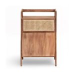 Mid-century solid wood rattan side table with cane drawer and natural mango wood finish