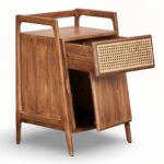 Mid-century solid wood rattan side table with cane drawer and natural mango wood finish