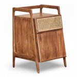 Mid-century solid wood rattan side table with cane drawer and natural mango wood finish