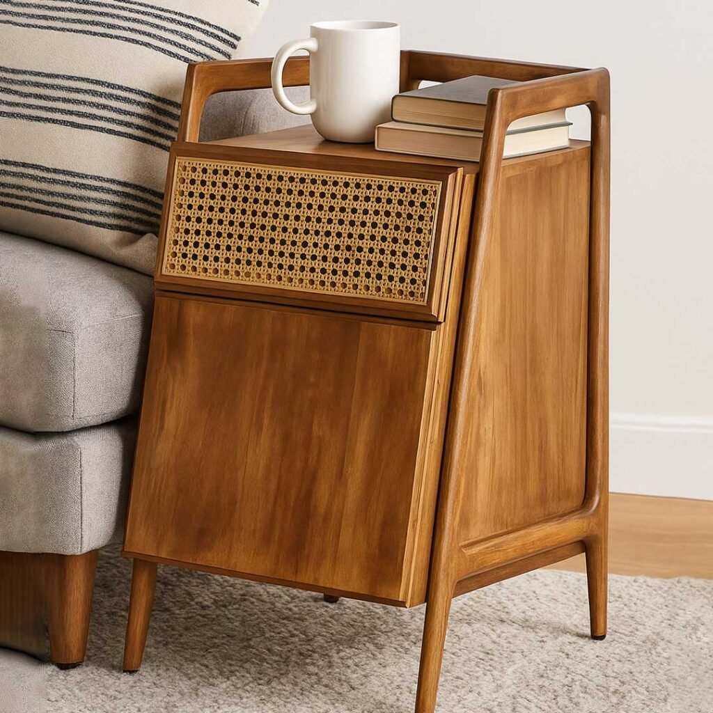 Mid-century solid wood rattan side table with cane drawer and natural mango wood finish