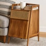 Mid-century solid wood rattan side table with cane drawer and natural mango wood finish