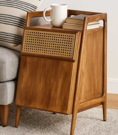 Mid-century solid wood rattan side table with cane drawer and natural mango wood finish