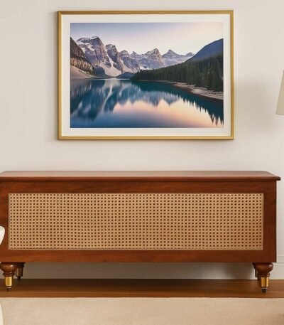 Aaramika handcarved wooden storage trunk with Sheesham wood and cane accent