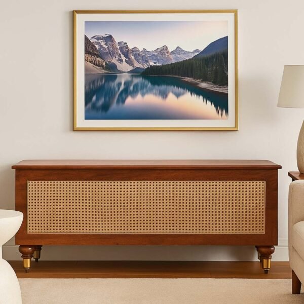 Aaramika handcarved wooden storage trunk with Sheesham wood and cane accent