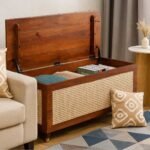 Aaramika handcarved wooden storage trunk with Sheesham wood and cane accent