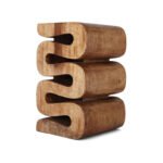 Sculptural wooden end table with modern wavy design and natural Sheesham wood finish.