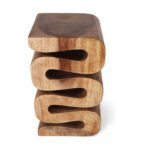 Sculptural wooden end table with modern wavy design and natural Sheesham wood finish.