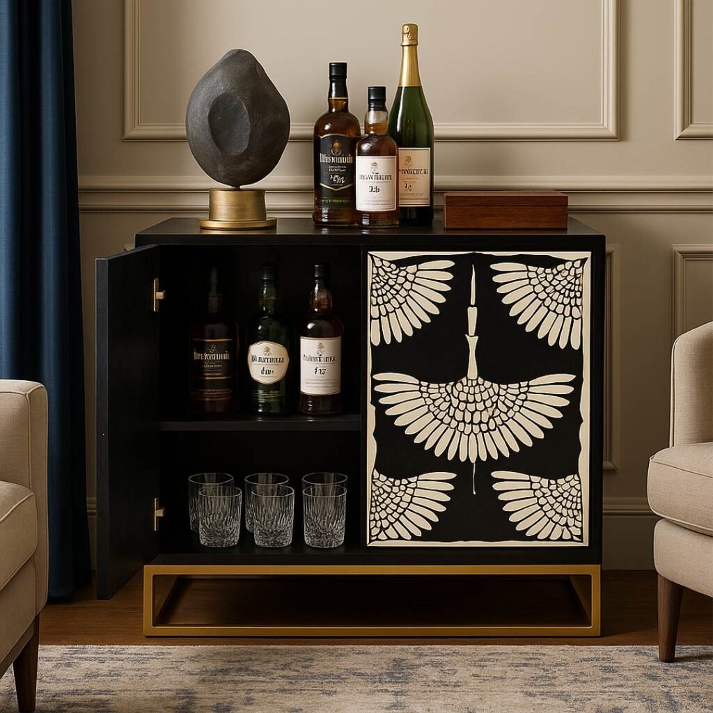 Tarkashi handcrafted bone inlay bar cabinet in Sheesham wood with crane motif