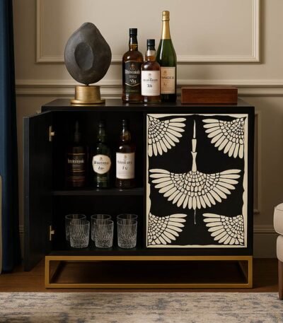 Tarkashi handcrafted bone inlay bar cabinet in Sheesham wood with crane motif