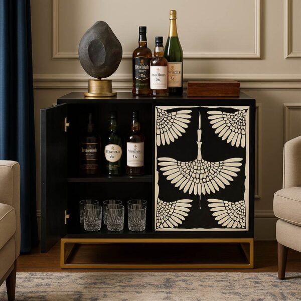 Tarkashi handcrafted bone inlay bar cabinet in Sheesham wood with crane motif