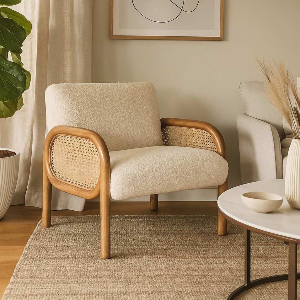 Handcrafted solid wood cane chair with curved Sheesham wood frame, natural cane sides, and plush bouclé cushions.