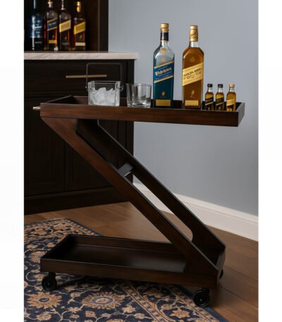 Ziggy sheesham wood bar trolley with Z-shaped design and castor wheels