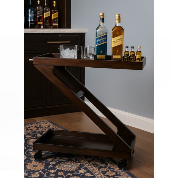 Ziggy sheesham wood bar trolley with Z-shaped design and castor wheels