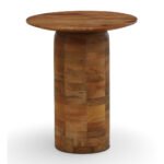 Round mango wood side table with natural finish and smooth cylindrical pedestal base.