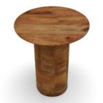 Round mango wood side table with natural finish and smooth cylindrical pedestal base.