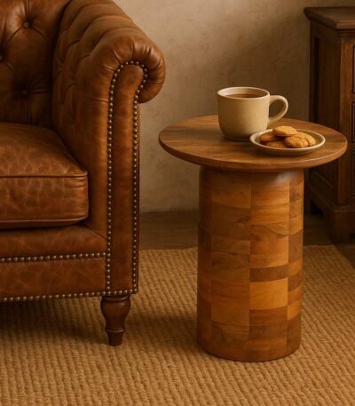 Round mango wood side table with natural finish and smooth cylindrical pedestal base.