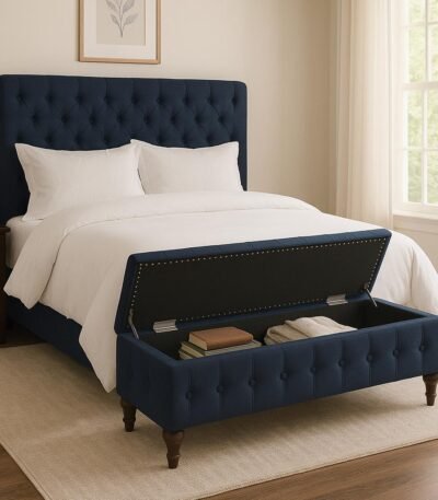 Upholstered solid wood ottoman with hidden storage compartment