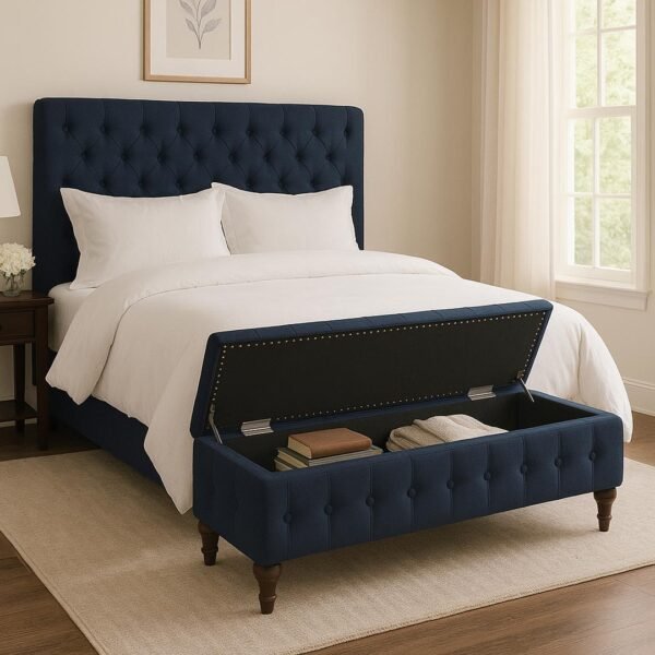 Upholstered solid wood ottoman with hidden storage compartment