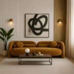 Plush handcrafted mango wood 3 seater sofa with modern segmented velvet design