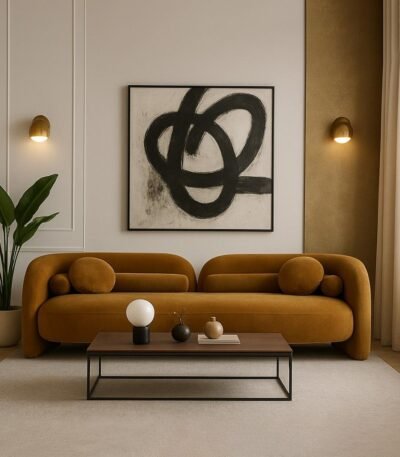 Plush handcrafted mango wood 3 seater sofa with modern segmented velvet design